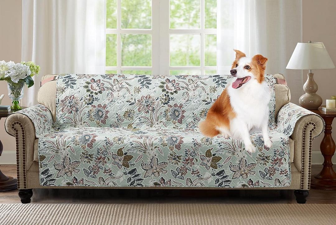 Brilliant Sunshine Beautiful Burgundy Flowers Couch Cover, Quilted Large Sofa Slipcover, 70" Seat Width, Reversible Furniture Protector, 2" Strap, Washable Cover for Pets, Kids, Dogs, Cats, Green