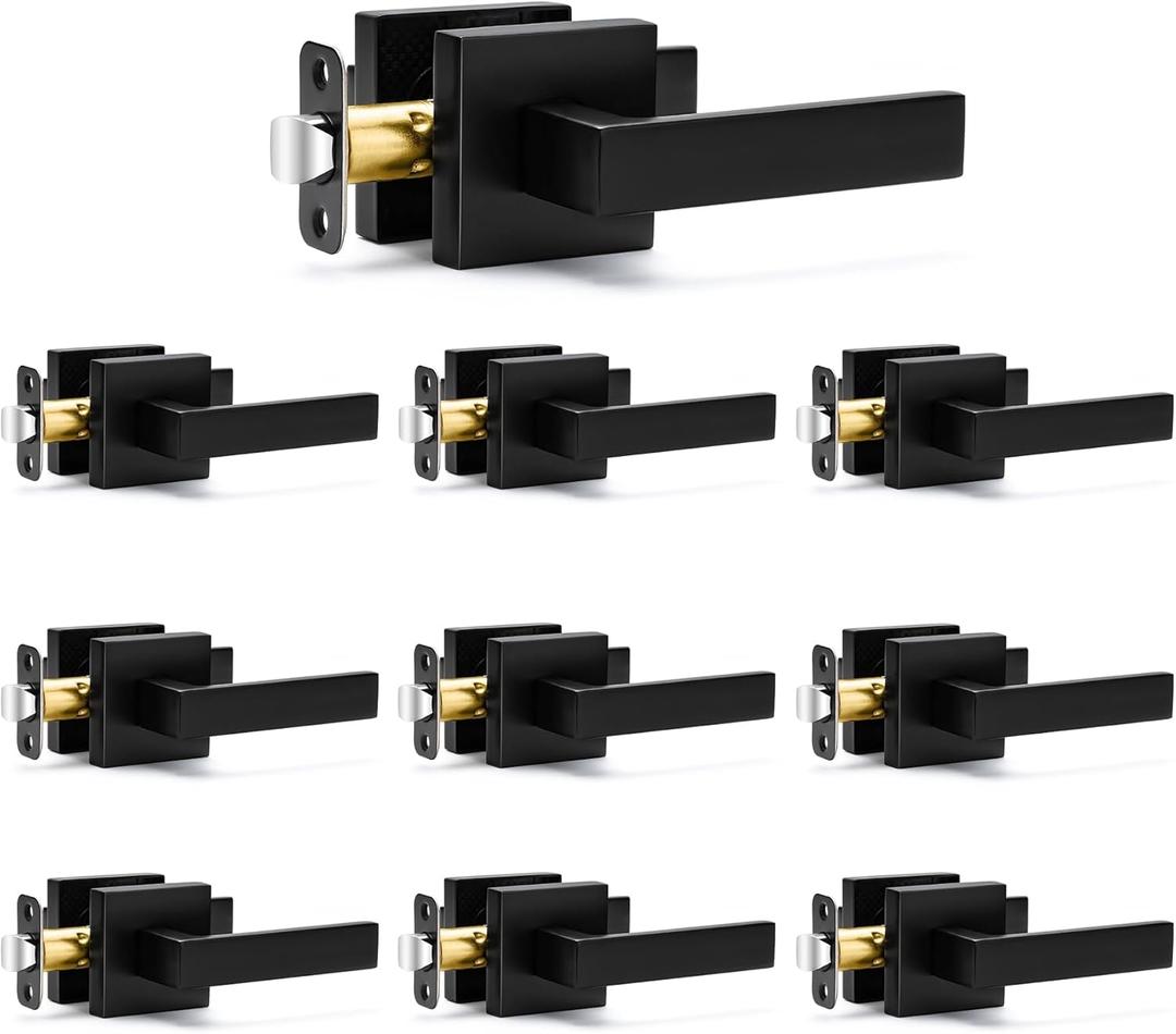 Sopoby 10 Pack Passage Door Handles Matte Black Door Knobs, Interior Door Knobs Square Heavy Duty Non-Locking Handlesets Hall Closet Handles, Reversible for Right & Left Sided Doors