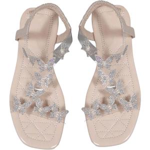 GORGLITTER Women's Butterfly Strappy Clear Glitter Ankle Sandals Dressy 2025 Cute Summer Wedding Bridal Flats Sandal (Beige), Size: 7.5