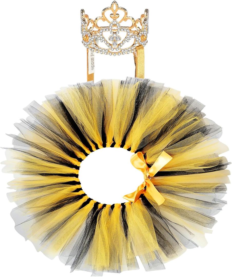 2 Pcs Dog Crown Headband Dog Tutu Dress Set Crystal Rhinestone Tiara Crown Tutu Skirt Pet Dress Costume for Puppy Birthday Party Wedding Photo Prop Costume(Black Gold,Large) (Large, Black Gold)