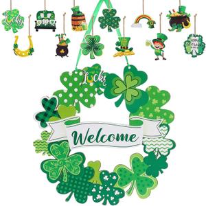 13pcs St Patricks Day Decoration with 1pc Wooden Shamrock Door Wreath 12pcs Wooden Shamrock Ornaments for Party Outdoor Indoor Supply