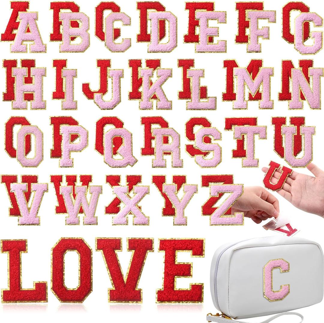 WILLBOND 52 Pcs Chenille Letter Patches A-Z, Self Adhesive Alphabet Patches for Clothes, Bags, Hats DIY, Name Craft & Personalized Best Mom Groovy Wedding Gifts(Pink, Red, 2.8 Inch)