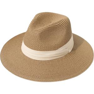 Lanzom Women Wide Brim Straw Panama Roll up Hat Fedora Beach Sun Hat UPF50+ (One Size-Small, Beige/Brown)