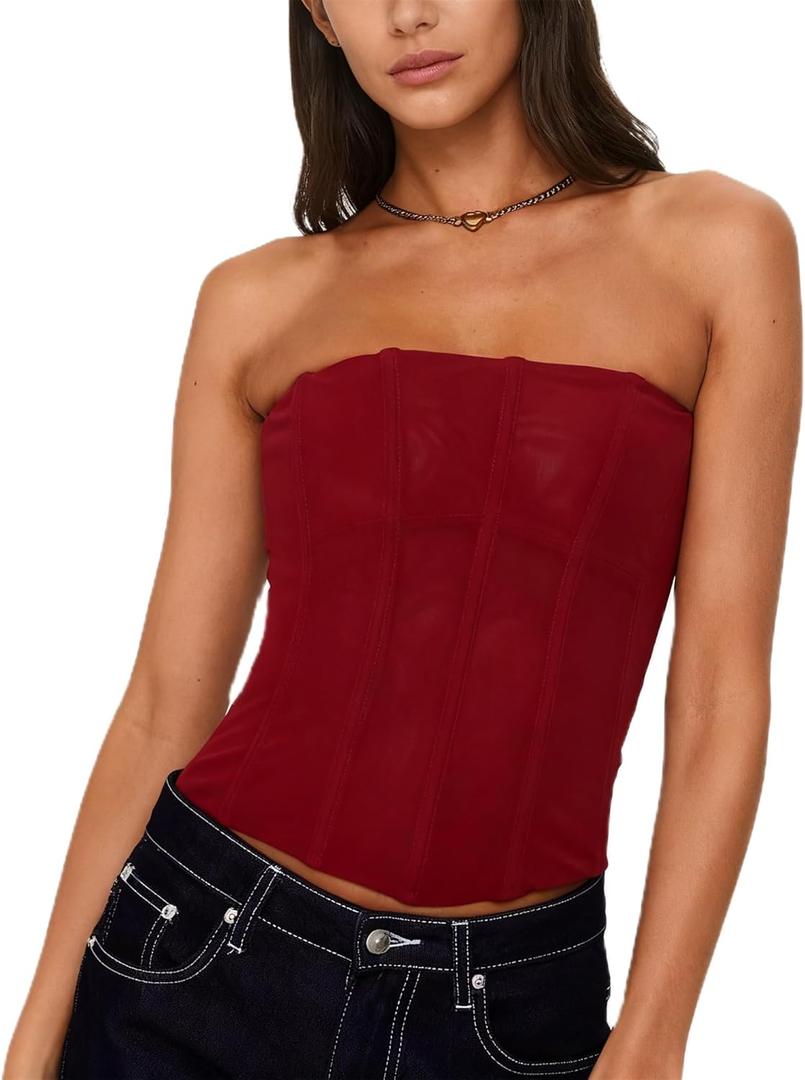 Mylleure Women Sheer Mesh Tube Top Back Zip Up Sleeveless Strapless Bandeau Crop Top Sexy See Through Going Out Streetwear