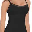 EUYZOU Women Shapewear Tummy Control Camisole Tops - Suqre Neck Sexy Compression Tank Tops Seamless Body Shaper (Large, Lace-black)