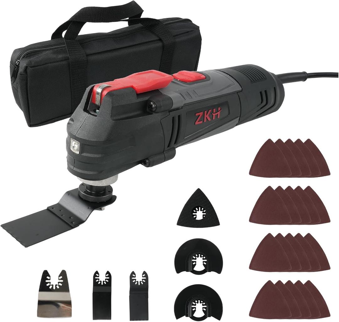 ZKH Oscillating Tool, 3.2 Amp Oscillating Saw, 3.5 Oscillation Angle, 10,000 to 22,000 OPM Oscillating Multi Tool with Tool-Free Blade Change, 26PS Accessories,10 ft Cord, Tool Bag for Sanding
