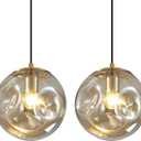 Modern Amber Concave Glass Pendant Light, 2-Pack Kitchen Island Lighting Single Globe Pendant Light Fixtures Century Kitchen Island Pendant Light for Bedroom Dining Room Light (Without Bulbs)