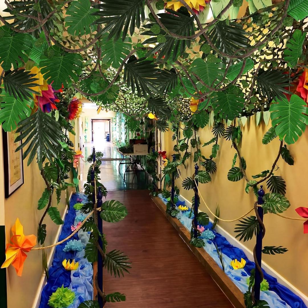 Bucherry 2 Sets Vbs 2026 Jungle Party Decoration 10 x 13 ft Netting with Tropical Rainforest Theme Leaves Artificial Greenery Garland Vine for Hawaiian Luau Rainforest Decorations Indoor Outdoor