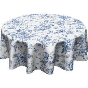 Giwawa Chinoiserie Floral Round Tablecloth 60 Inch,Traditional Blue White Birds Flowers Reusable Washable Polyester Table Cloth Cover for Holiday Picnic Dinner Table Decor