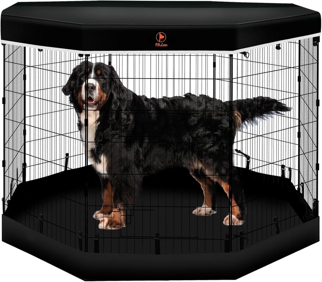 PJYuCien Dog Playpen - 8 Panels 42 inchH Metal Foldable Exercise Pen, Pet Fence Puppy Crate Kennel Indoor Outdoor with Top Cover & Bottom Pad for Medium Large Pets Black