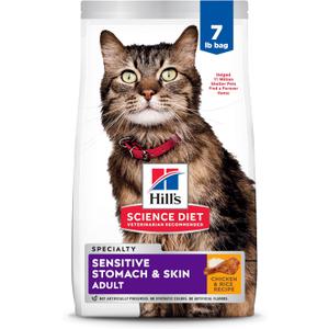 Hill's Science Diet Adult Sensitive Stomach & Skin Dry Cat Food, Chicken & Rice, 7 lb. Bag (Updated Formula) (EXP 11/01/27)