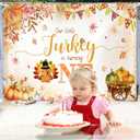 MEHOFOND 7x5ft Thanksgiving Birthday Backdrop, Our Little Turkey is Turning One Birthday Banner, Fall Pumpkin Maple 1st Party Decorations, Autumn Turkey First Birthday Party Decor Photo Props