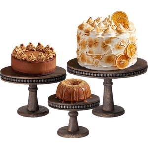 AceOrbit 3 Pcs Round Wood Cake Stand Set Beaded Wooden Rustic Farmhouse Cupcake Pedestal Stand 8/10/12 Inch Dessert Display Serving Tray for Wedding Birthday Decoration Party Restaurants