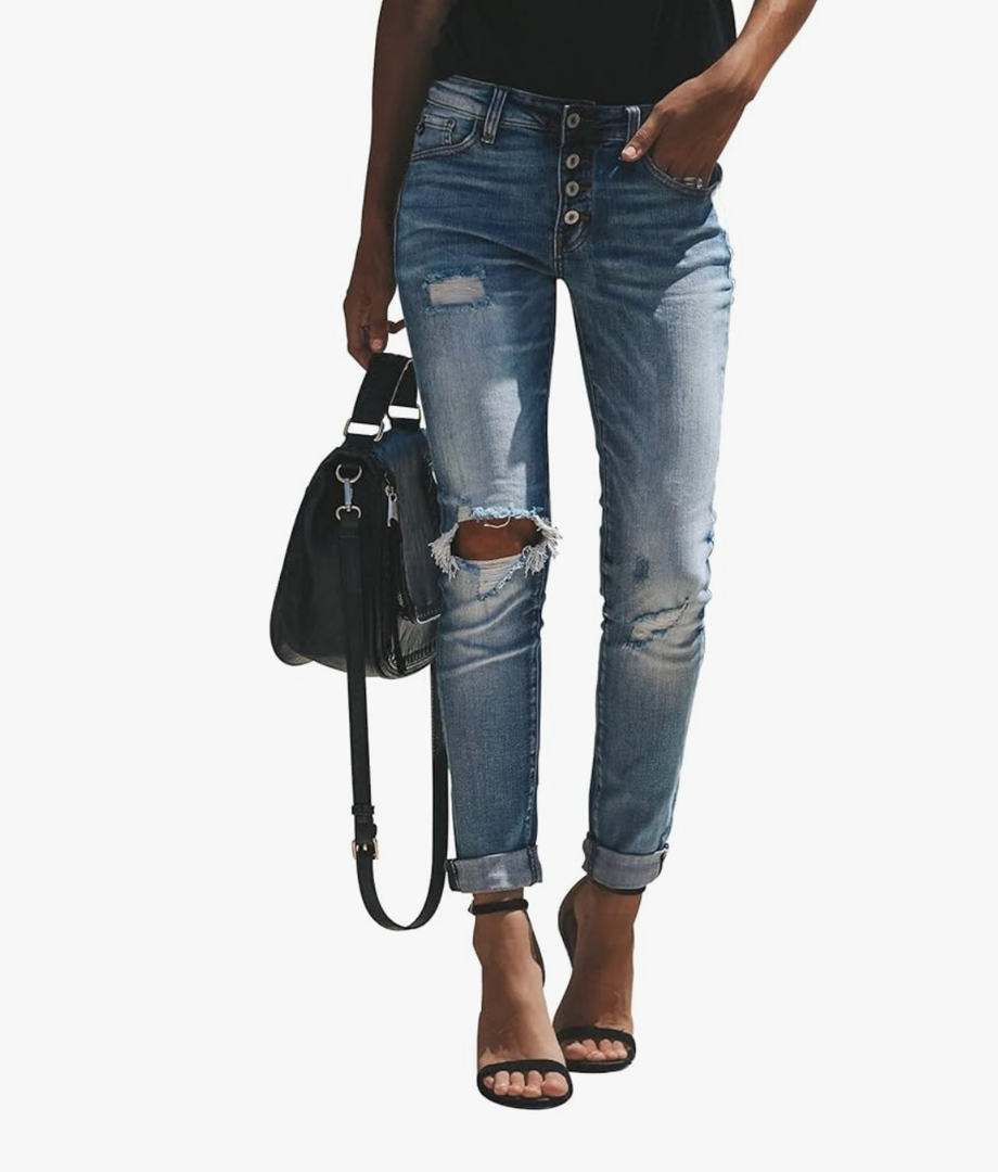 KUNMI Women's Ripped Mid Waisted Boyfriend Jeans Loose Fit Distressed Stretchy Denim Pants Medium