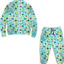 Kids Two-Piece Classic Zippered Sports Jacket Set Sweatpants Jogging Teenager Sportswear Set (Blue)