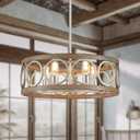 XINGQI 21.7" Drum Chandelier, Farmhouse Dining Room Light Fixture, Wood Grain Brushed Nickel Kitchen Lighting 5 Light with Round Metal Shade Vintage Hanging Light for Living Room Bedroom