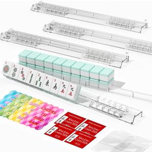Mahjong Racks with Pushers Set of 4, 17.5 Inch Clear Acrylic American Mahjong Racks with Anti-Slip Silicone Pads, Mahjong Tile Racks with Manuals & Protective Sleeves, 17.5 x 3.14 x 1.18 inches