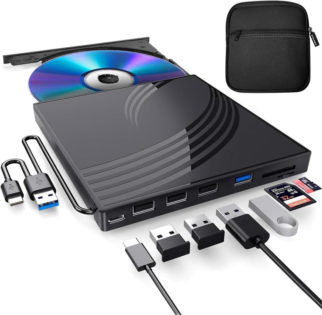 BPAKDU External CD/DVD Drive for Laptop with Carrying Case,DVD Player for Laptop,Portable CD Burner with 4 USB Ports, 2 TF/SD Card Slots,CD Disk Drive Player Reader Write