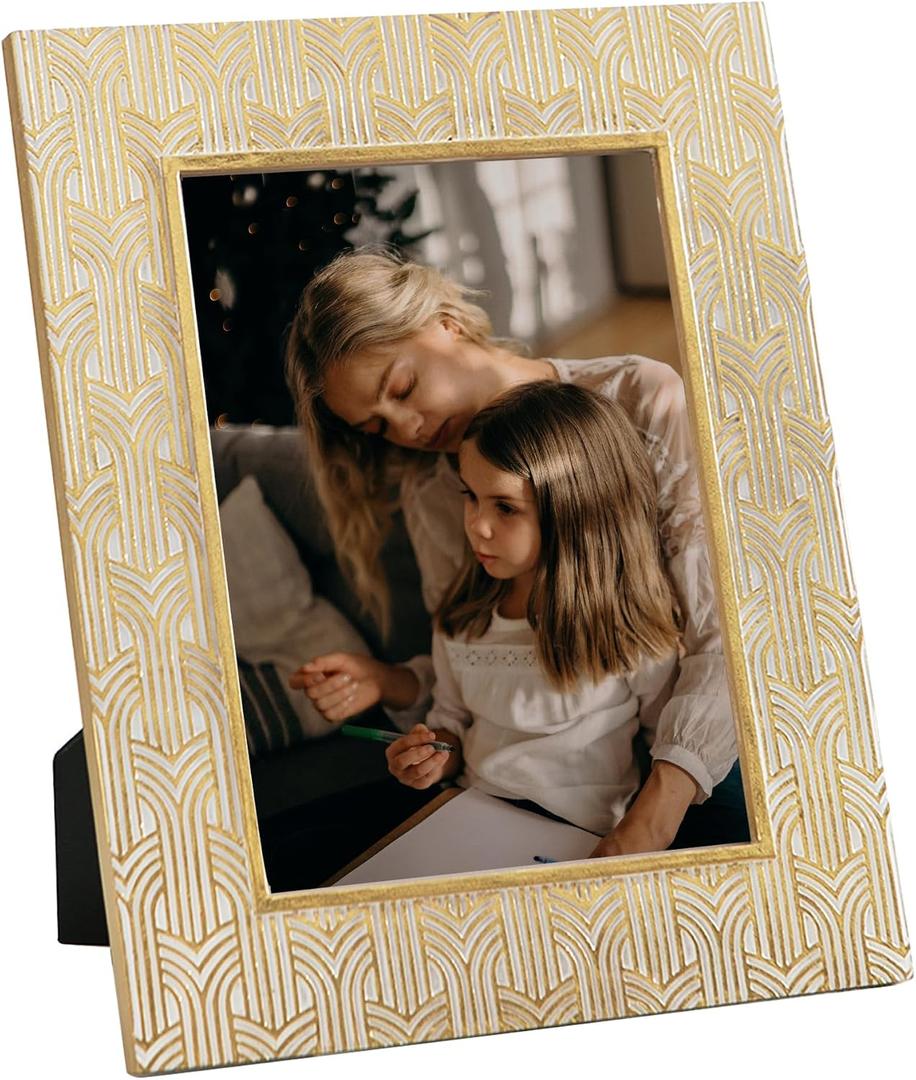 Kimdio 6x8 Picture Frames Resin Table Frame Rustic Photo Frame with High Definition Glass for Wall or Tabletop Display - Gold+White