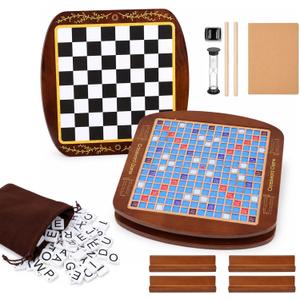 Deluxe Wooden Word Board Game, Extra Large 20" x 20" Crossword Game Set with Dust Cover, Built-in Storage Drawer & Felt Playing Surface