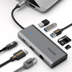Docking Station - iDsonix 8 in 1 USB C Hub Aluminum Multiport Adapter with HDMI 4K@60Hz, PD 100W, 1Gigabit Ethernet, SD/TF Card Reader for MacBook Air/Pro iPad Dell/Hp Laptop and More