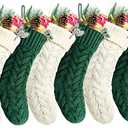 Kunyida Christmas Stockings, 20 Inch Ivory and Green Cable Knit Stockings Christmas Holiday Decoration, 6 Pack