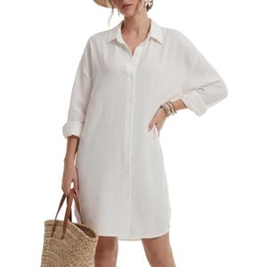 KIFOVEN Women's Print Button Down Long Sleeve Casual Beach Mini Cover Up Shirt Dress (White, M)
