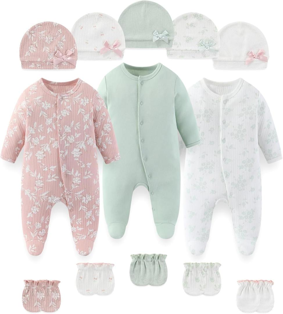 falianni Fashion Baby Boy Girl Clothing Set Cotton Soft 3-Piece Long Sleeve Button Rompers 5-Pack Hats&Gloves Infant Clothes, 6M