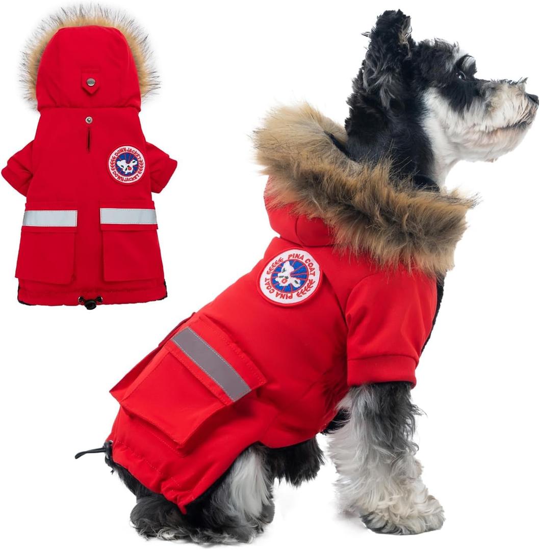 PINA Small Dog Coats - Waterproof, Warm Winter Jacket with Faux Fur Hood & Pocket (S(Chest 17.7"), Red)