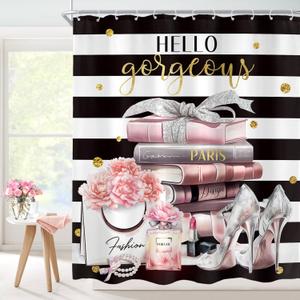 Cinbloo Black and Pink Shower Curtain 60Wx72H Fashion Black White Girly Shower Curtain for Girl Women Modern Flower Floral Perfume Striped High Heels Magazine Books Fabric Bathroom Decor with 12 Hooks