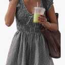 Womens Summer Gingham Rompers V Neck Puff Sleeve Smocked Wide Leg Plaid Shorts Dressy Jumpsuits, Size Medium