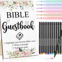 Geelin 19 Pcs Bible Wedding Guestbook Sign and Pens Set Greenery Wooden Standing Bible Guest Book Sign 6 Highlighters 12 Fine Point Pens for Baby Shower Bridal Shower Party (Flower)