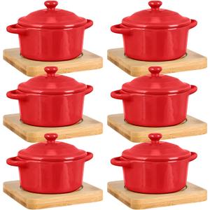Mimorou 6 Set 7 oz Ceramic Mini Cocotte Set with Lid and Wooden Base Pumpkin Bowl Set with Handle Ceramic Soup Bowls Baking Ramekins Round Casserole for Home Thanksgiving Pumpkin Dish (Red)