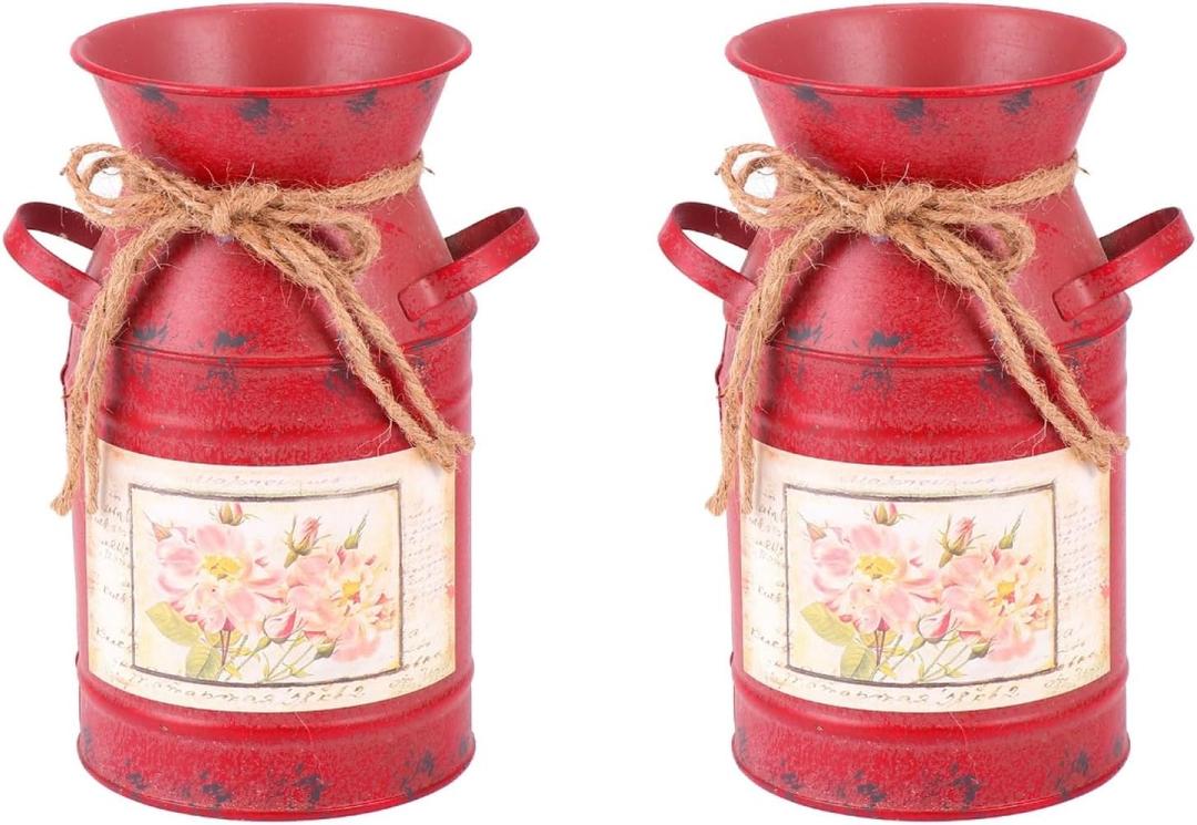PRETYZOOM 2 Pcs Handmade Iron Flower Bucket Primitive Flowers Container Farmhouse Jug Vase Rustic Flower Bucket Decorative Flower Vase Galvanized French Bucket Red Ornaments European Style