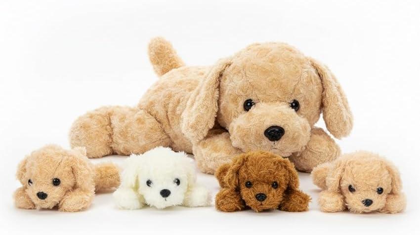 Chirpy Chums Classic Dog Family Mommy Labradoodle with 4 Puppies 17 Ultra-Soft Plush Stuffed Animal Toy Zipper Belly Surprise for Cuddles, Play & Gifts 5-Piece Puppy Set for Kids Ages 3+