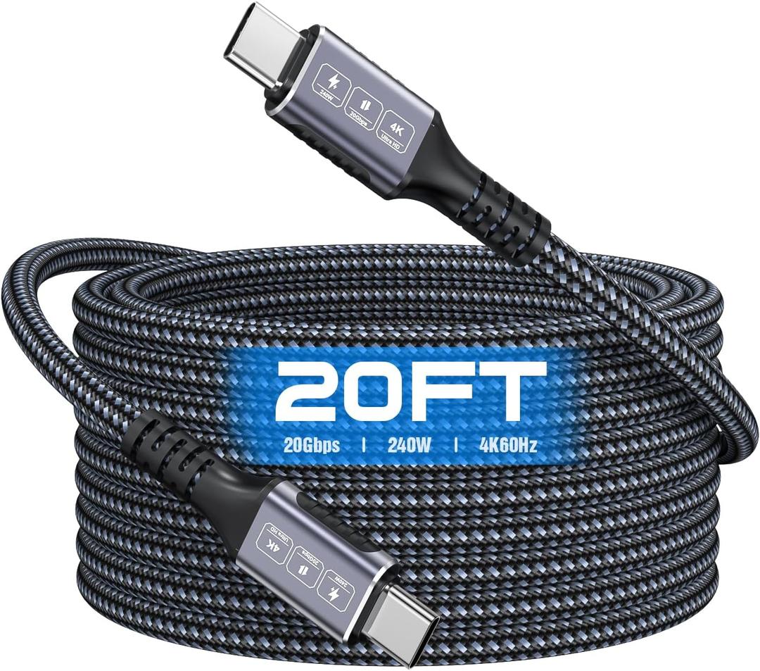 USB C to USB C Cable 20Ft, 20Gbps Data Transfer, 240W PD Fast Charging, 4K@60Hz Video Support, Durable Braided Nylon, Type C Compatible for iPhone 17, MacBook Pro Air, Portable Monitor