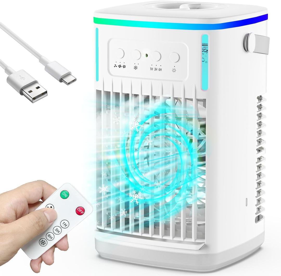Portable Air Conditioners with Remote, 1500ml Water Tank, 3 Wind Speeds, 4-in-1 Portable AC with 6H Timer, 2 Cool Mist, 7 Lights, Personal Mini Air Cooler Fan for Room Bedroom Office (White) Portable Air Conditioners with Remote, 1500ml Water Tank, 3 Wind Speeds, 4-in-1 Portable AC with 6H Timer, 2 Cool Mist, 7 Lights, Personal Mini Air Cooler Fan for Room Bedroom Office (White)