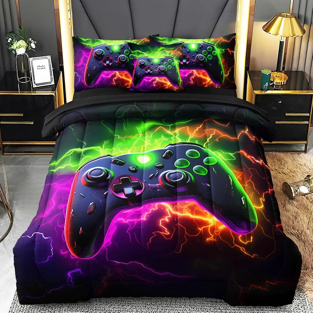6 Pcs Full Size Bedding Set, Gaming Comforter Sets for Boys & Teens, Full Gamer Bedding Sets (Purple)