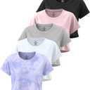Real Essentials 5 Pack: Women's Dry Fit Crop Top - Short Sleeve Crew Neck Stretch Athletic Tee, XS