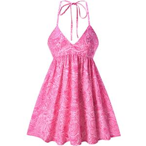 Women's Paisley Halter Mini Dress Summer Tie Backless A Line Flowy Dresses Beach Vacation Clothes (M)