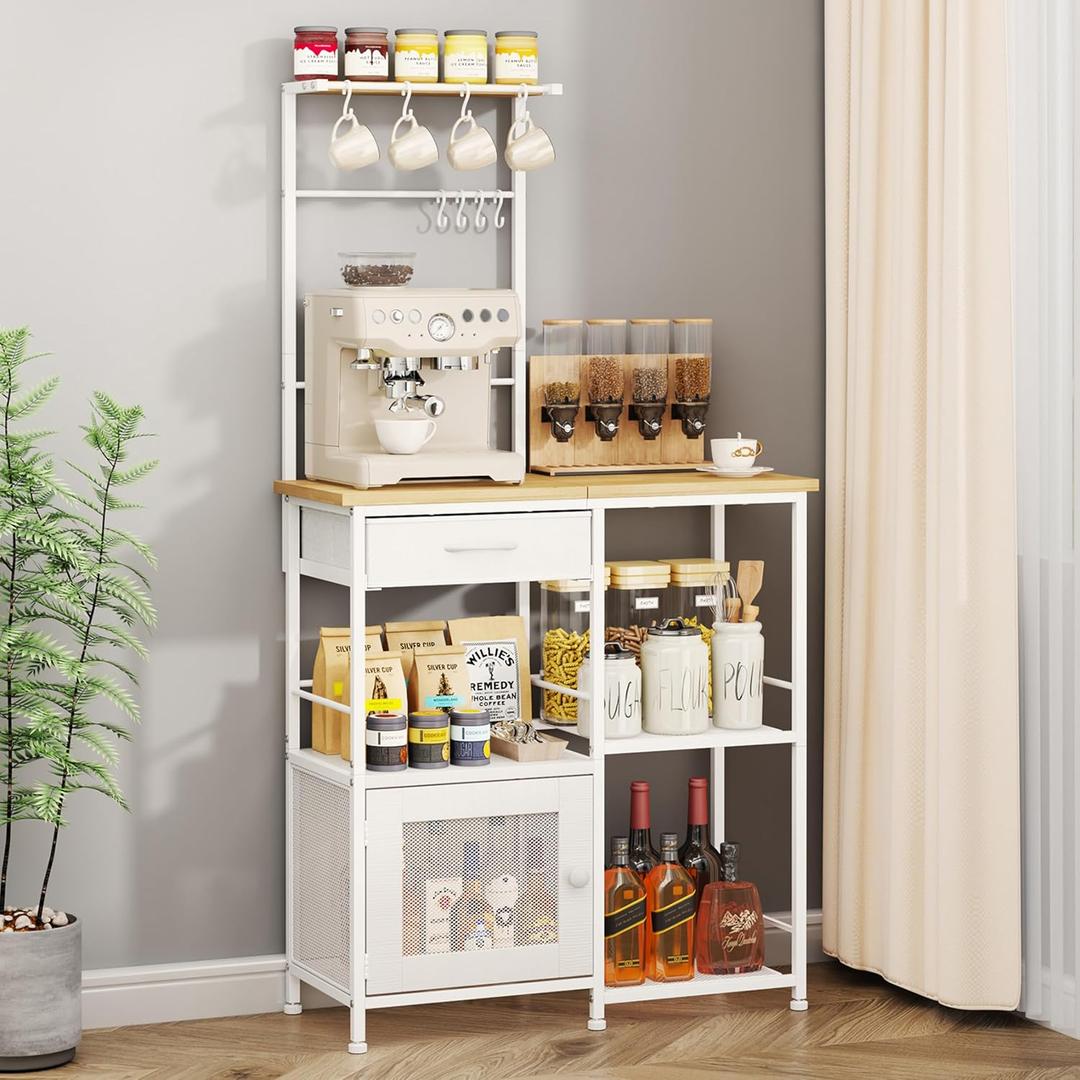 SWTYMIKI Coffee Bar with Hanging Rack - Farmhouse Coffee Stand Station Multi-Purpose Buffet Sideboard Cabinet with Drawers - Kitchen Bar Table for Living Room, Corner, Small Space, Natural, 70x30x139.5cm