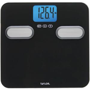 Taylor Men's Body Composition Bathroom Scale for Body Weight - 400 lb Capacity, Blue Backlight Display, 10-User Profiles, Body Composition Analysis, Fits Up to Size 12 Shoe, Black