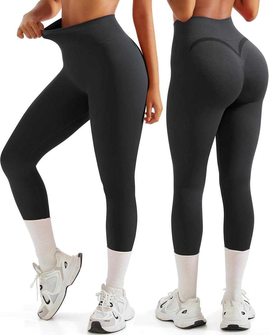 OMKAGI Smile Butt Lifting Workout Leggings for Women High Waisted Seamless Compression Yoga Pants (Black, L)