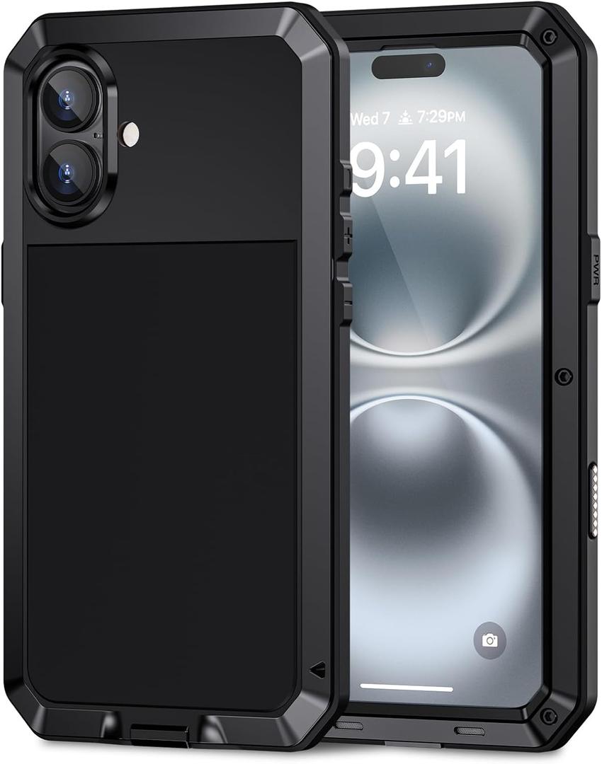 Lanhiem for iPhone 16 Plus Metal Case, Heavy Duty Shockproof Tough Rugged Case with Built-in Glass Screen Protector, 360 Full Body DustProof Protective Cover for Phone 16 Plus, 6.7", Black