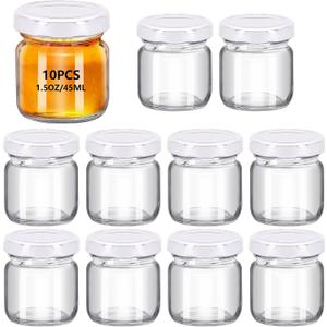 10 x 10Pack 1.5 oz Round Mini Clear Honey Jars for Wedding Favor, Baby Shower,45ml Small Glass Favor with Airtight Lids, Gift Jars, Sample Body Butter, Jam, Spices, Herbs, Candy, Candle (White lid)