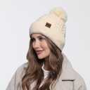 WOOH Womens Beanies for Winter,Knit Hat with Faux Fur Pom Pom Beanie for Women,Warm Fleece Lined,Less Static Beige