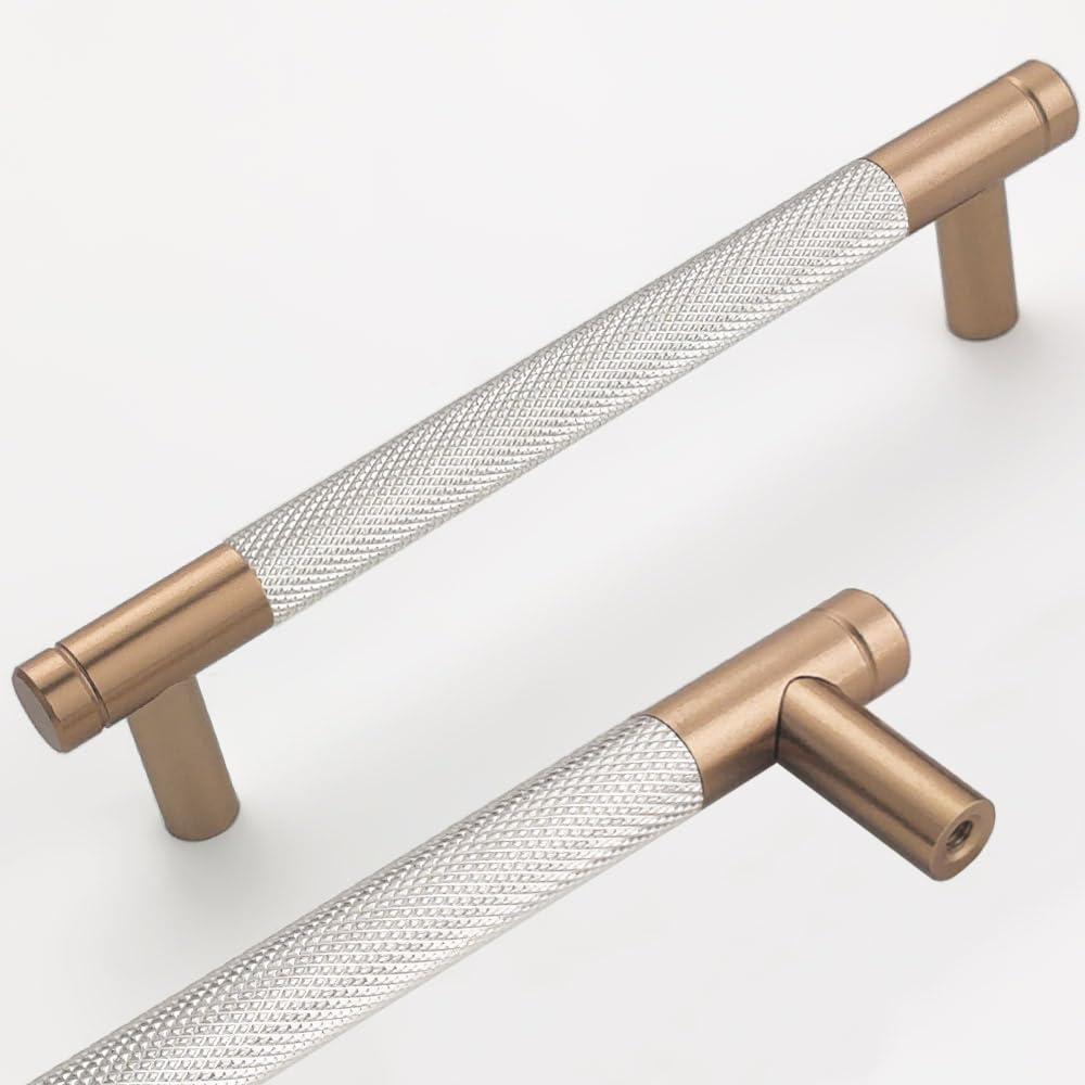 2 Pack 5 Inch Bar Cabinet Pulls Bronze and Nickel Knurled Handles for Drawer Pulls Cupboard Aluminum Handles (Modern 2, 128 mm)
