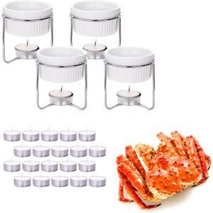 Luvan 4 Pieces Butter Warmers,Butter Warmers For Seafood with 20 Pieces Tealight Candles,Ceramic Butter Warmer Set for Chocolate or Cheese,Fondue- Dishwasher Safe,Microwave Safe, Oven Safe (White Round)
