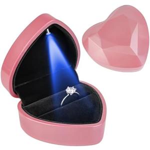 Heart Ring Box with LED Light, Luxury LED Lighted Engagement Ring Box, Velvet Earrings Jewelry Case with Light, Jewelry Display Box for Wedding, Engagement, Proposal, Birthday and Anniversary, Pink