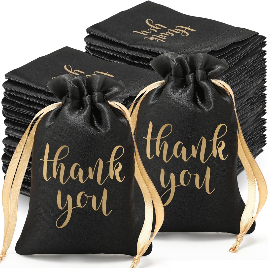 Roowest 100 Pcs Thank You Satin Gift Bags Drawstring Jewelry Candy Pouches for Wedding Bridal Shower Baby Shower Favor Drawstring Bag for Birthday Holiday Party(6 x 9 Inch,Black)